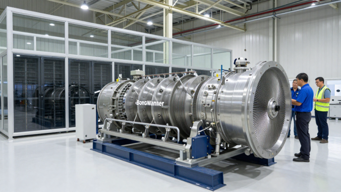 Industrial turbine-generator equipment in a factory, representing BorgWarner’s planned data-center power business.