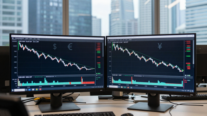 Currency trading screens showing euro and Asian currency moves against a strengthening U.S. dollar.
