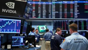 Traders watch rising market charts on an exchange floor during a record-setting session for U.S. stocks.