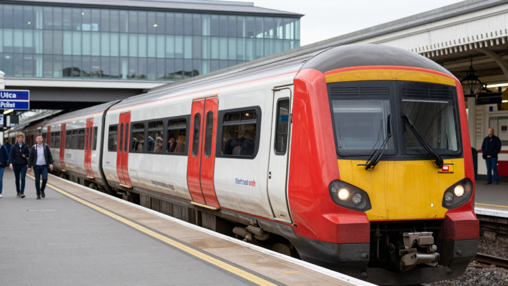 A British commuter train at a London station platform.