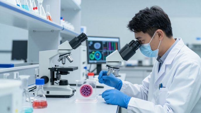Scientist examines an organ-on-chip model and tumor-cell culture in a biotechnology laboratory.
