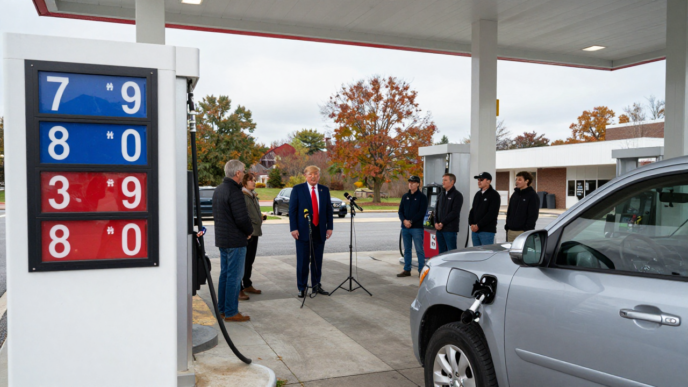 Donald Trump speaks to reporters near a gas station with fuel prices displayed.