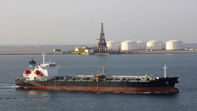 Oil tanker passing near Gulf export infrastructure in the Strait of Hormuz