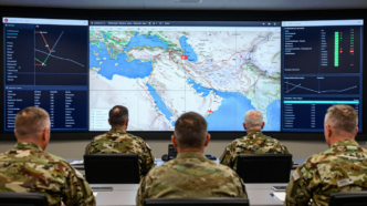Military planners study a Middle East map in an operations room.