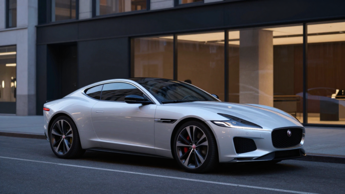 Jaguar Type 01 electric grand tourer displayed on a New York City street.