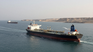 Oil tankers transit the Strait of Hormuz near Oman's coast.