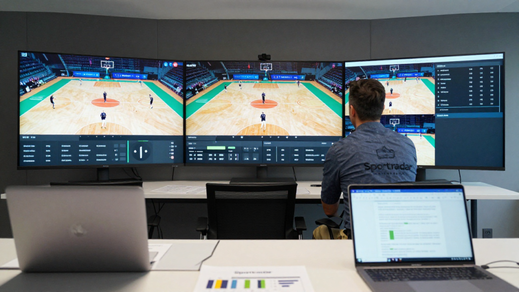 Coach reviewing sports footage and analytics on screens in a video-analysis room.