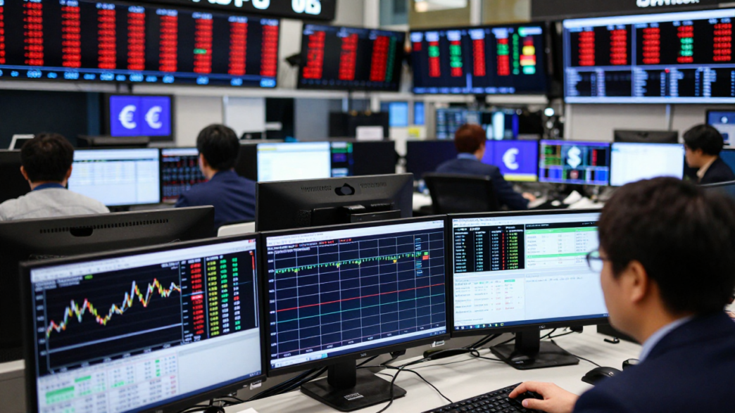 Currency traders monitor dollar and euro exchange rates on screens at a foreign-exchange desk.