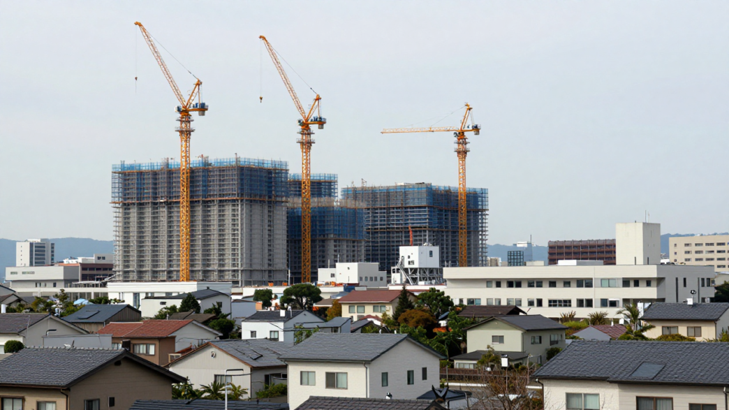 Cranes rise above a data centre construction site near homes in Tsukuba, Japan.