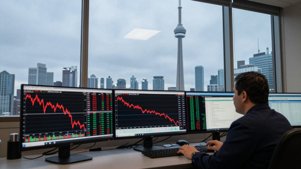 Trading screens showing a falling S&P/TSX chart in a Toronto financial office