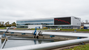 Water-treatment infrastructure with a subtle market chart showing a small rebound after a sharp fall.