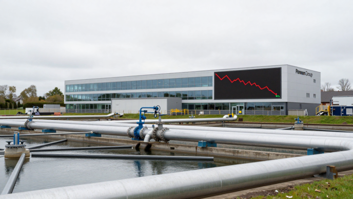 Water-treatment infrastructure with a subtle market chart showing a small rebound after a sharp fall.