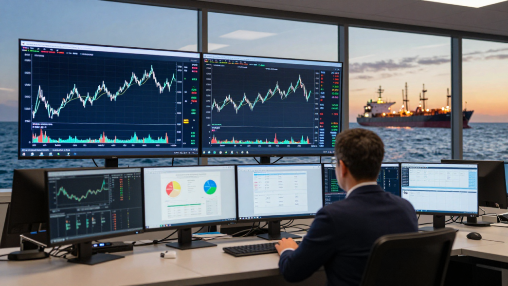 Oil trader viewing Brent crude price charts on trading screens