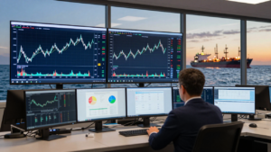 Oil trader viewing Brent crude price charts on trading screens