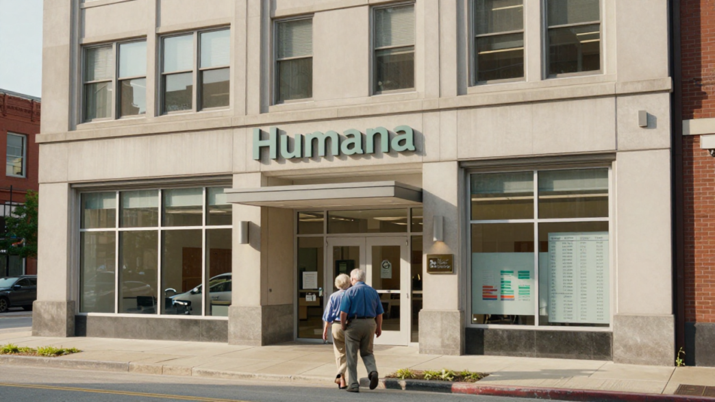 Humana office building in Louisville with an older couple walking toward the entrance.