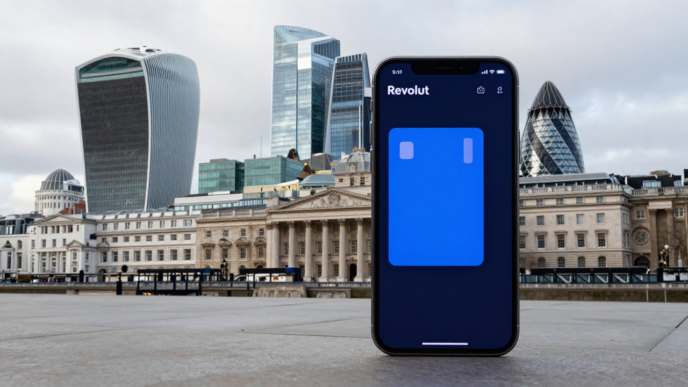 Smartphone with a digital banking app set against London’s Canary Wharf financial district.
