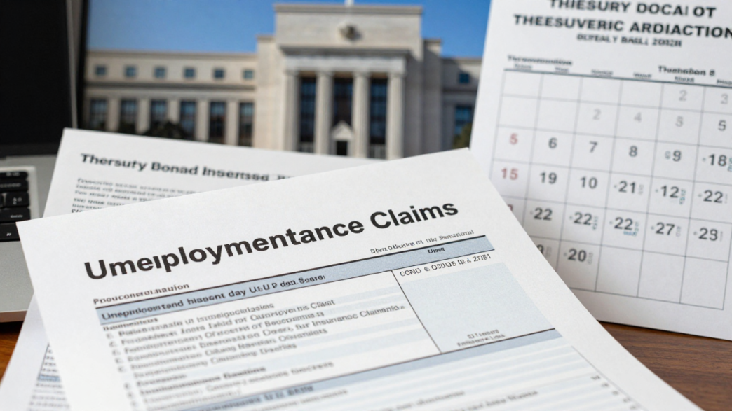Unemployment claims report and economic calendar with the Federal Reserve in the background