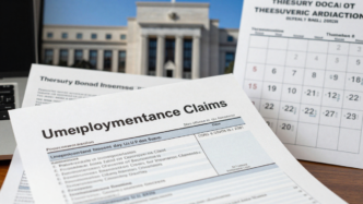 Unemployment claims report and economic calendar with the Federal Reserve in the background
