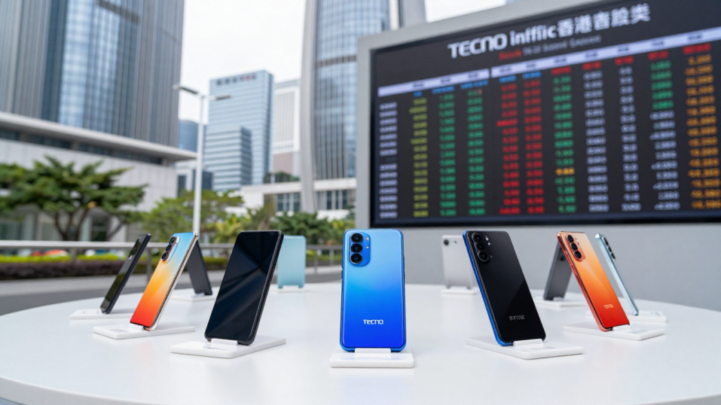 Tecno and Infinix smartphones displayed against Hong Kong’s Central financial district.