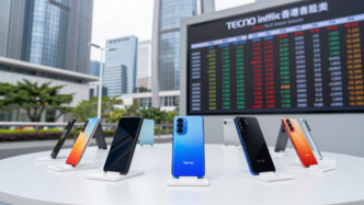 Tecno and Infinix smartphones displayed against Hong Kong’s Central financial district.