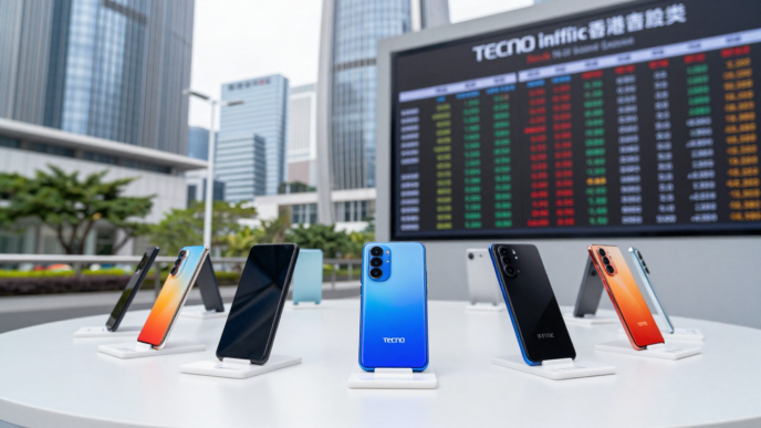 Tecno and Infinix smartphones displayed against Hong Kong’s Central financial district.