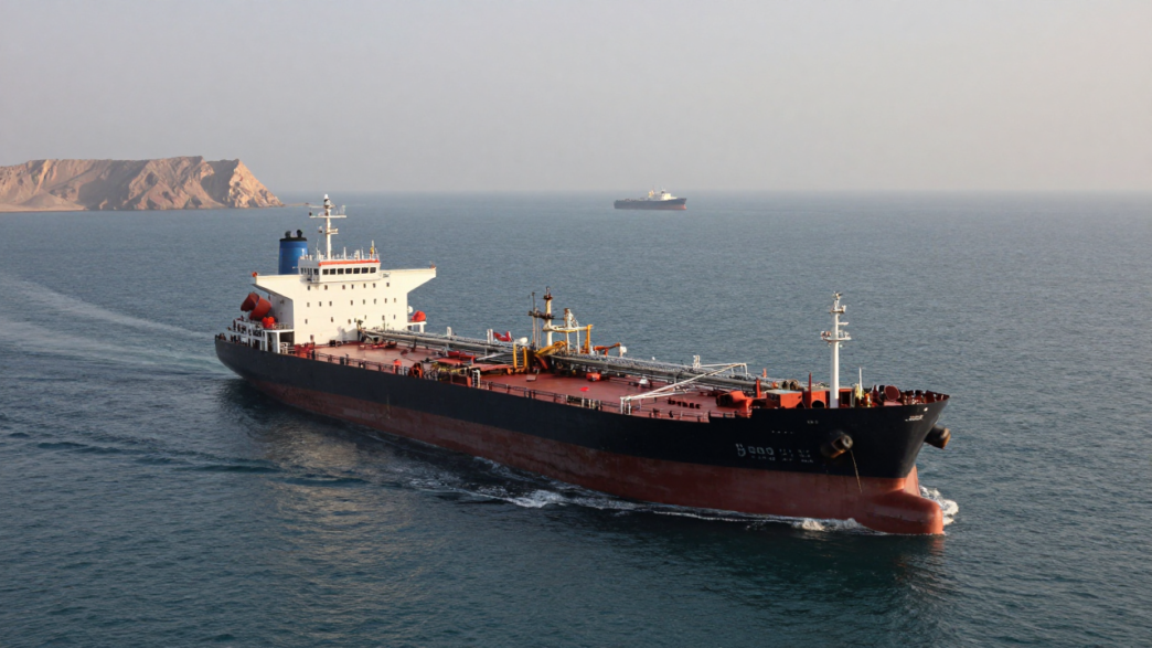 Oil tanker transiting the Strait of Hormuz with another vessel and Middle Eastern coastline in the distance.