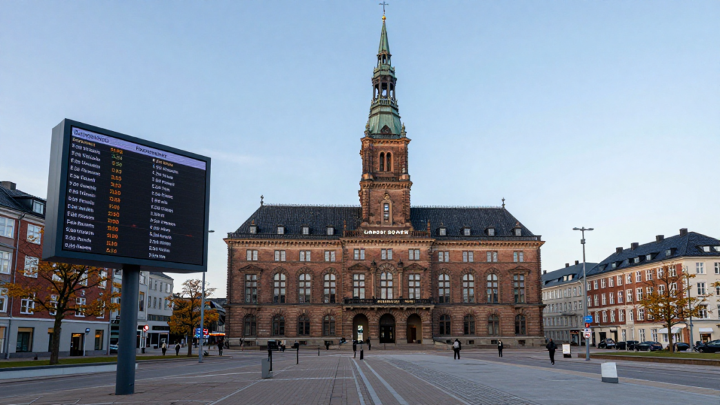 Copenhagen Stock Exchange district with market ticker screens showing Danish shares