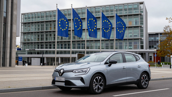 A Renault hybrid car outside a European Union building in Brussels