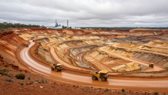 Haul trucks working in a rain-affected open-pit gold mine in Western Australia.