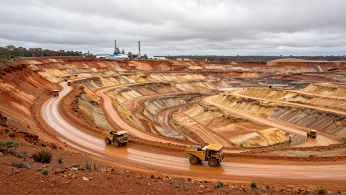 Haul trucks working in a rain-affected open-pit gold mine in Western Australia.