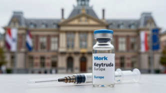 A medicine vial and injection device before a courthouse, illustrating the Keytruda patent dispute.