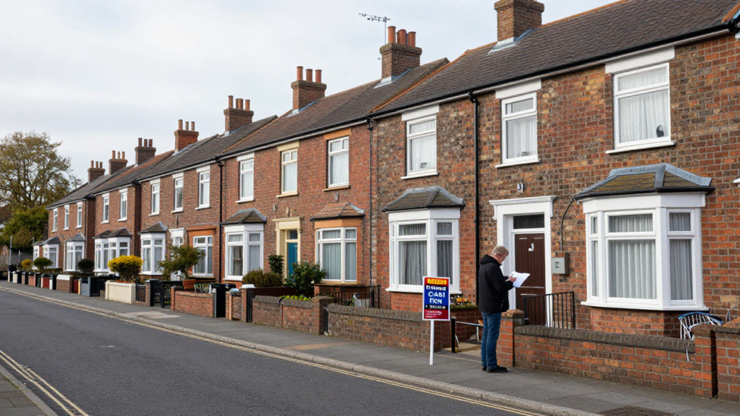 Quiet UK residential street with terraced and semi-detached homes and a house-for-sale sign.