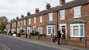 Quiet UK residential street with terraced and semi-detached homes and a house-for-sale sign.