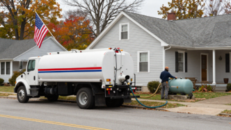Heating oil delivery truck beside a New England home and outdoor fuel tank.
