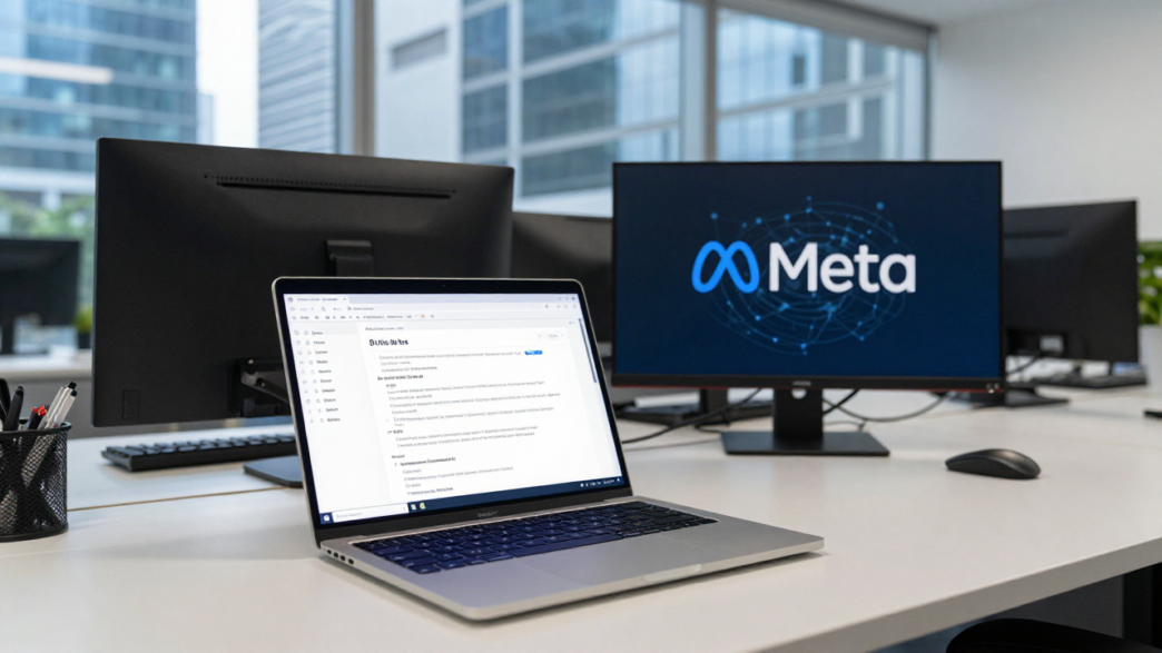 Laptop showing an AI-agent interface in a modern Singapore office