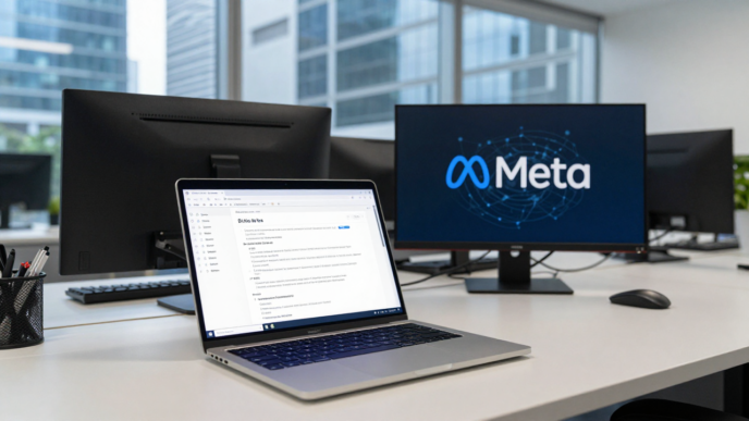 Laptop showing an AI-agent interface in a modern Singapore office