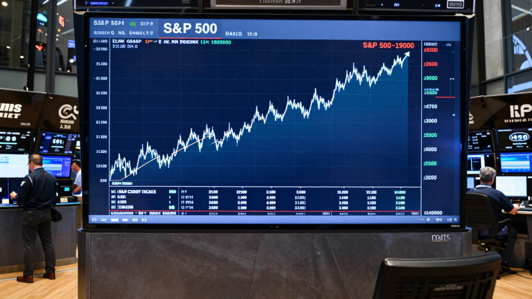 Traders watch a rising S&P 500 chart on a market display.