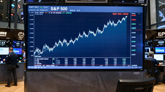 Traders watch a rising S&P 500 chart on a market display.