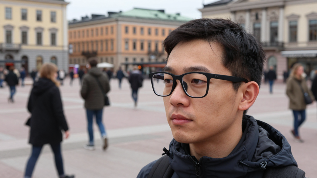 Person wearing camera-enabled smart glasses in a busy public square