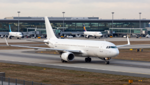 Passenger aircraft taxiing past a terminal at Frankfurt Airport.