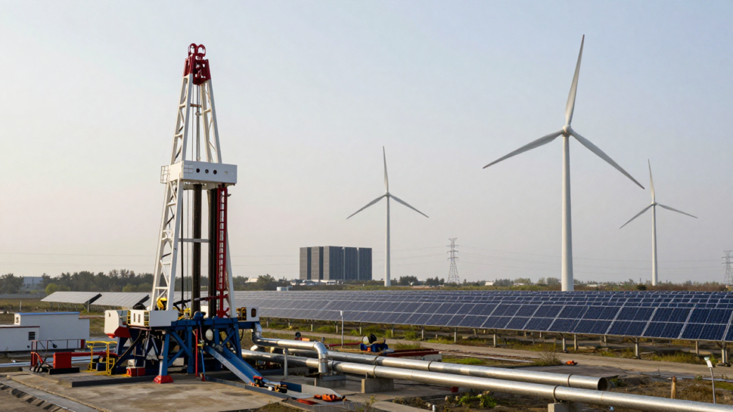 Oil drilling infrastructure and renewable-energy turbines and solar panels in one landscape.