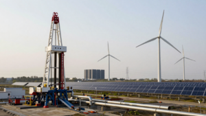 Oil drilling infrastructure and renewable-energy turbines and solar panels in one landscape.