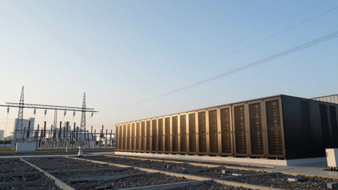 A large data center and electricity transmission infrastructure illustrate rising U.S. power demand.