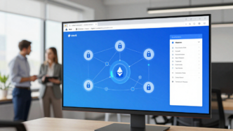 Business professionals review a digital collateral and blockchain integration interface.