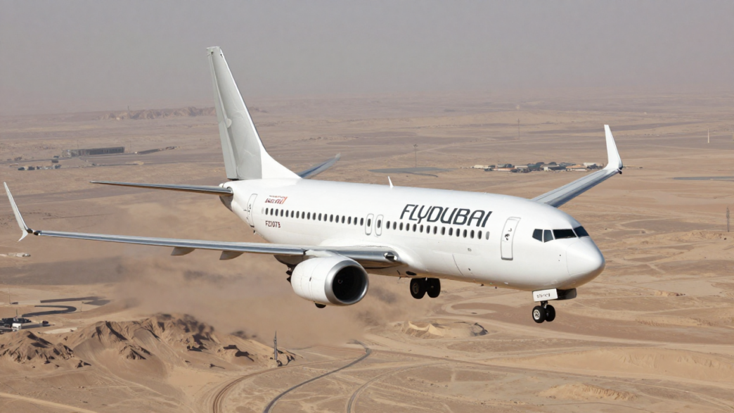 A Boeing 737 MAX 8 descends above the desert near Tabuk, illustrating the FZ1073 emergency landing.