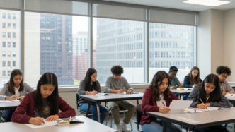 Students working together in a Chicago classroom, representing Academy Group’s education programs.