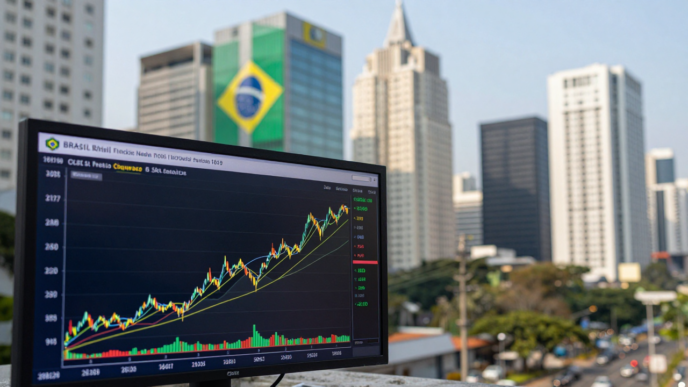 Rising stock chart against a softly focused São Paulo skyline with Brazilian colors.