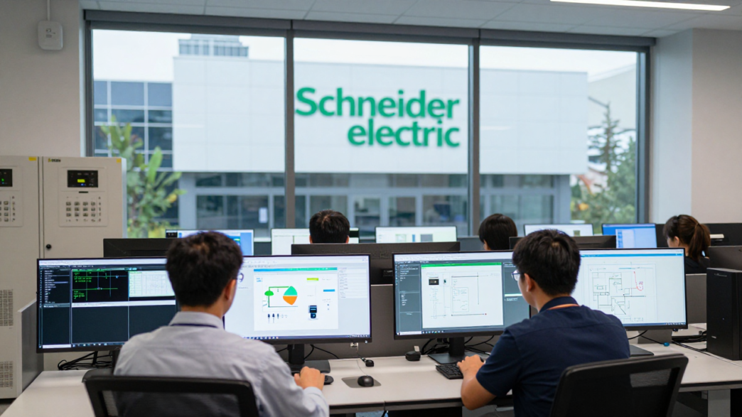 Industrial control room with engineers viewing product-design and factory automation data.