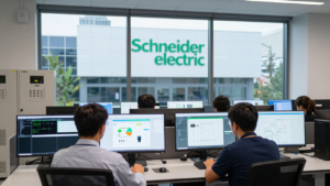 Industrial control room with engineers viewing product-design and factory automation data.