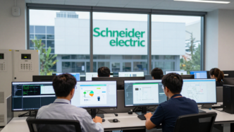Industrial control room with engineers viewing product-design and factory automation data.